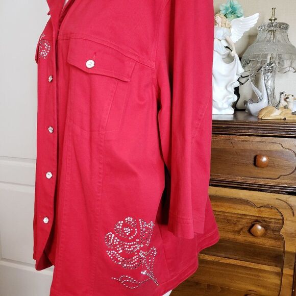 Pretty Quacker Factory Red Rhinestone Rose Jacket womens Plus size 2X - Picture 5 of 12